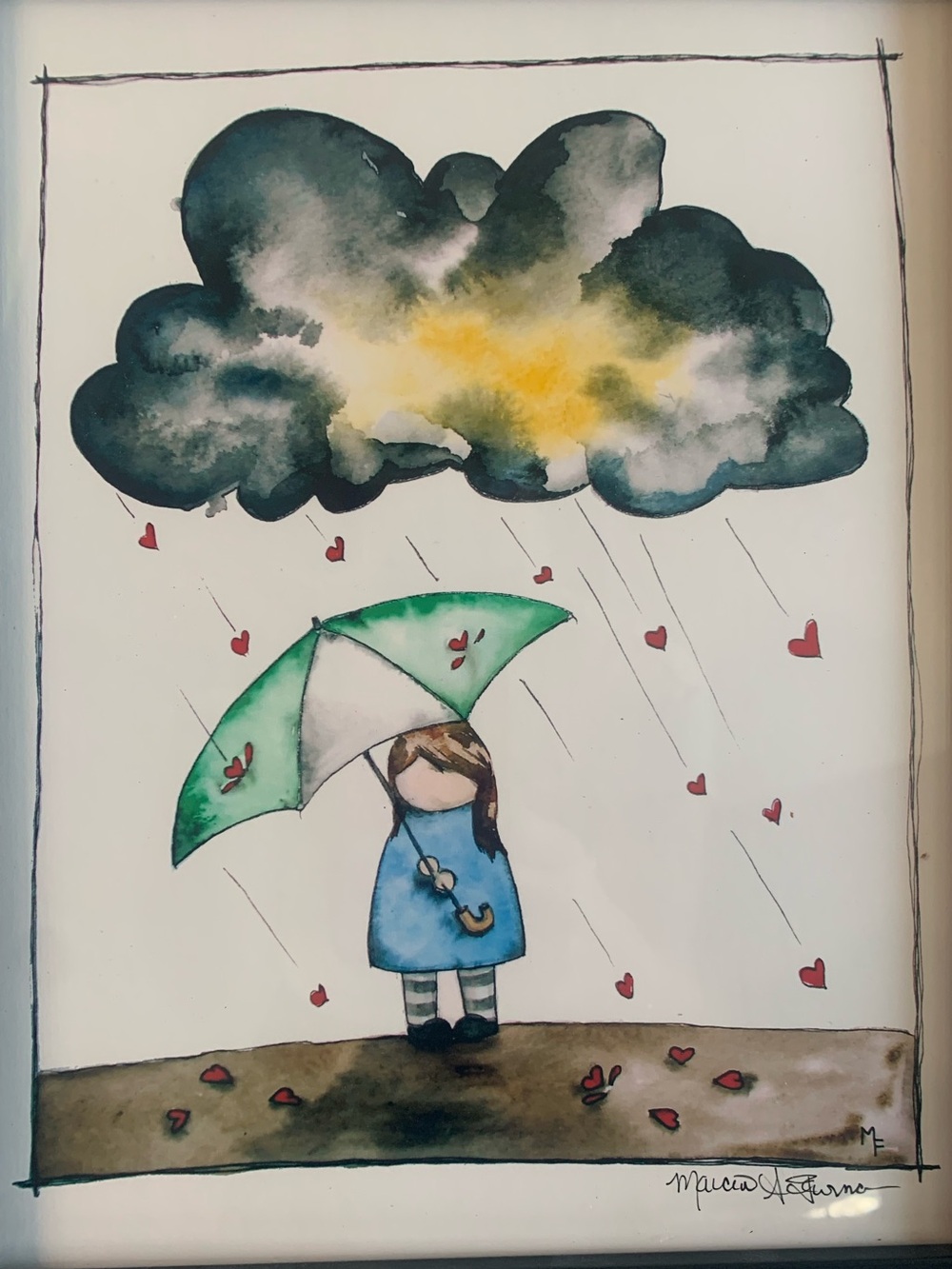 Whimsical Rainy Day Art Print Framed Girl Hearts Cloud Cottagecore Decor